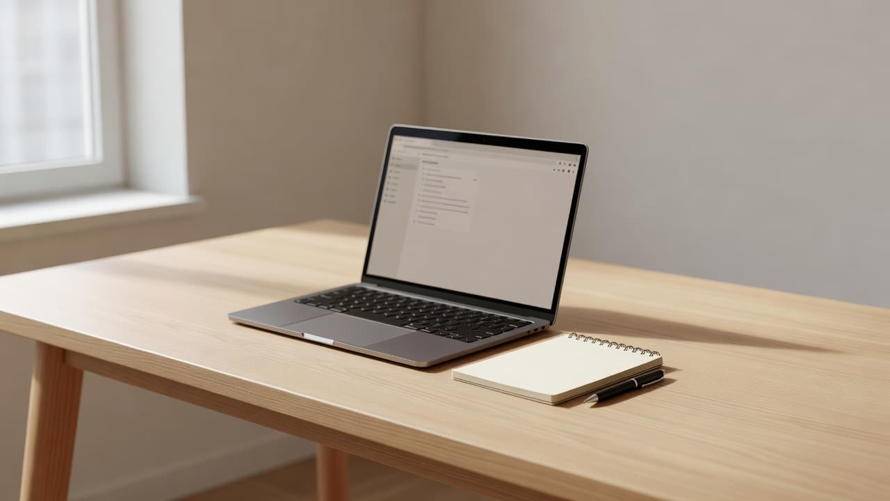 A minimalist wooden desk sits bathed in soft morning light from an adjacent window. An open laptop and a blank notepad rest on the surface, ready for organizing holiday sales campaigns.