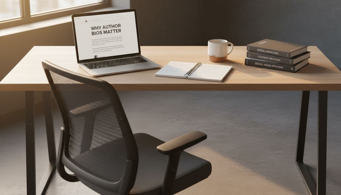A realistic photo of a tidy home office desk with an open laptop showing a blog post, notebook with affiliate strategy notes, coffee mug, and stacked marketing books under warm natural light, featuring one empty chair and no people.