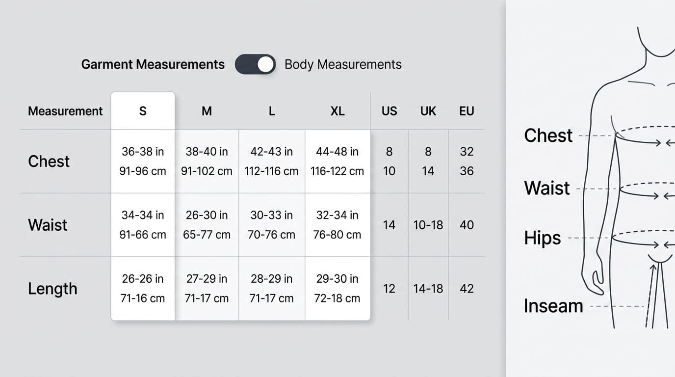 Clean professional UX/UI illustration of a size comparison table for apparel featuring S, M, L, XL columns for garment measurements like chest, waist, and length, with a toggle for body measurements and international US, UK, EU conversions. Includes a side panel with simple line drawing of a torso showing measurement points such as chest, waist, hips, and inseam in modern SaaS flat vector style.