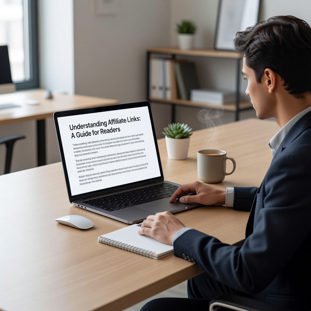 An individual works on a laptop at a minimalist wooden desk, where a steaming cup of coffee rests beside the computer. Gentle daylight illuminates the clean, organized home office environment.