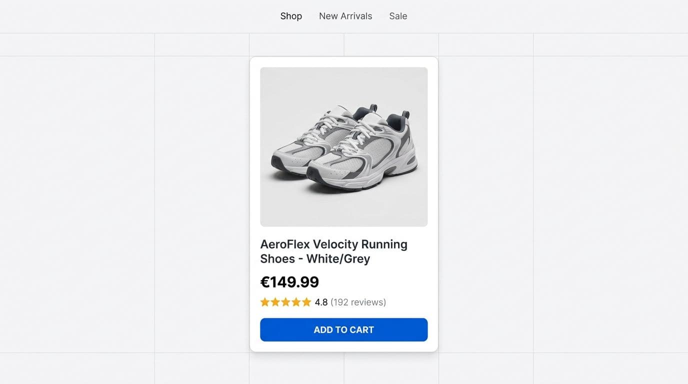 Clean professional UI mockup of a single e-commerce product listing card in responsive grid on desktop view, featuring strong visual hierarchy with large sneakers product image, title, bold price, star rating, and add-to-cart button on neutral background.