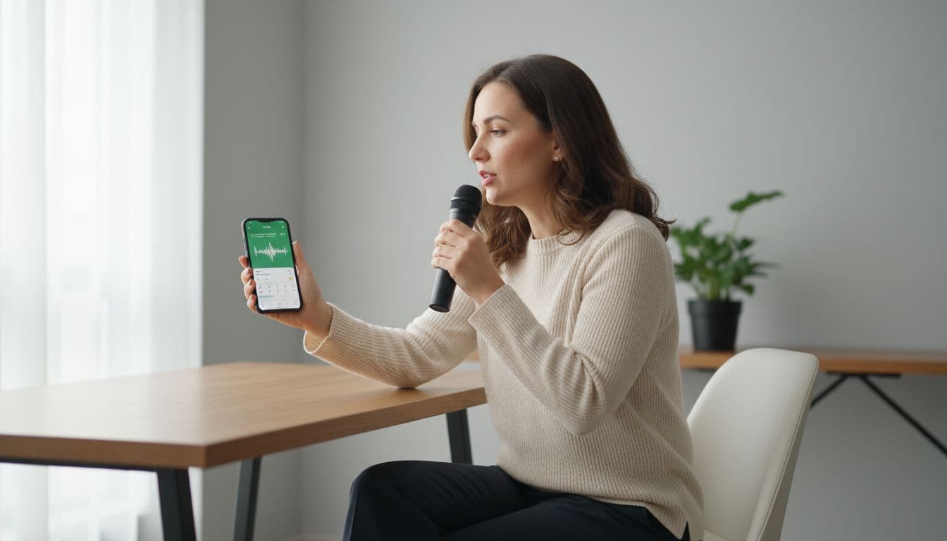 Adult professional speaks into microphone using ELSA Speak app on smartphone in home office.