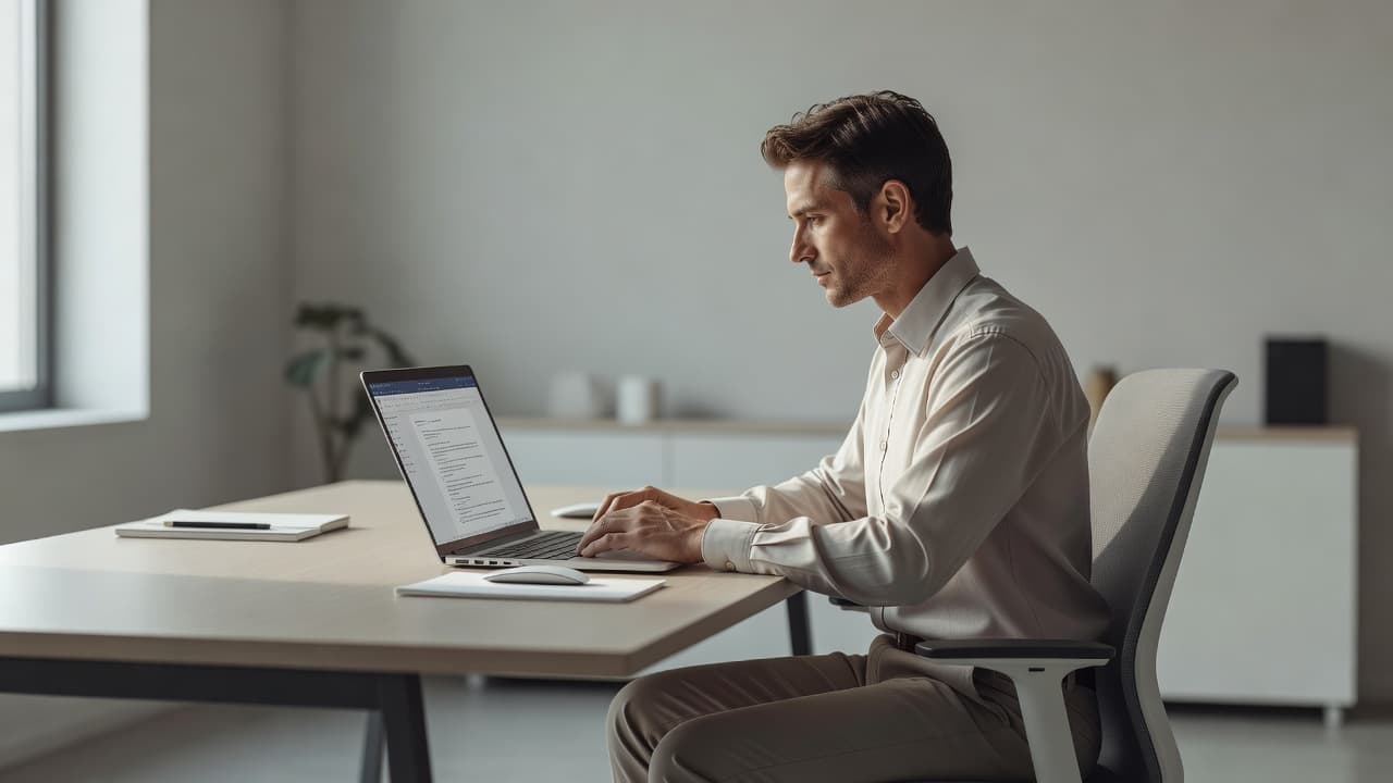 A focused individual sits at a minimalist desk, carefully reviewing text on an open laptop. Gentle sunlight streams across the clean workspace, highlighting the person's intent expression and organized digital environment.