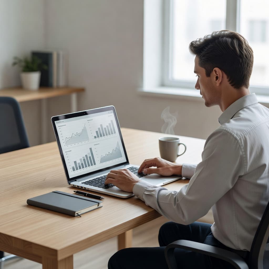A focused individual sits at a minimalist desk viewing financial data on an open laptop. Bright morning sunlight streams across the clean surface, highlighting a simple pen and organized workspace.