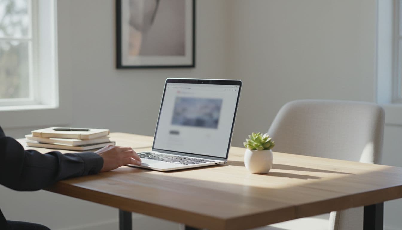 A modern laptop sits on a clean desk bathed in soft natural window light.