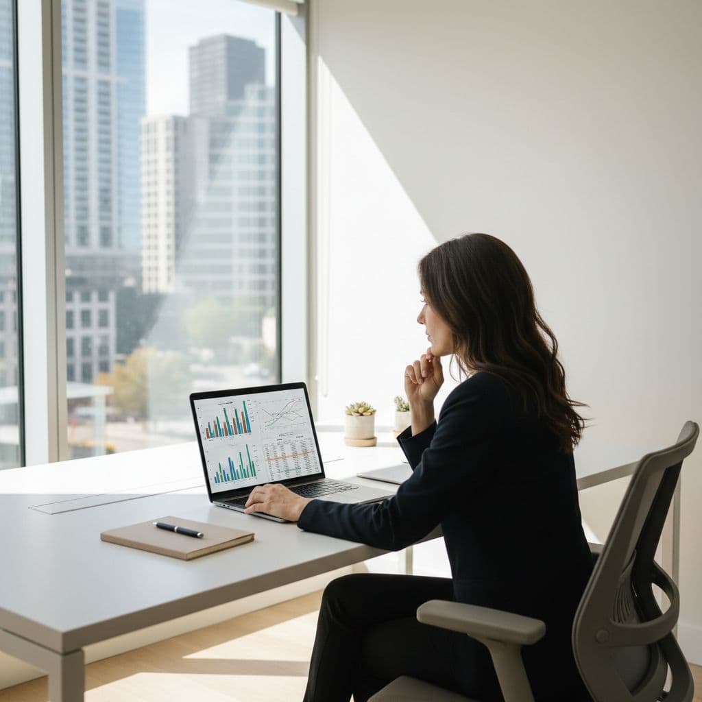 A person sits at a clean desk studying analytical charts on a laptop screen.