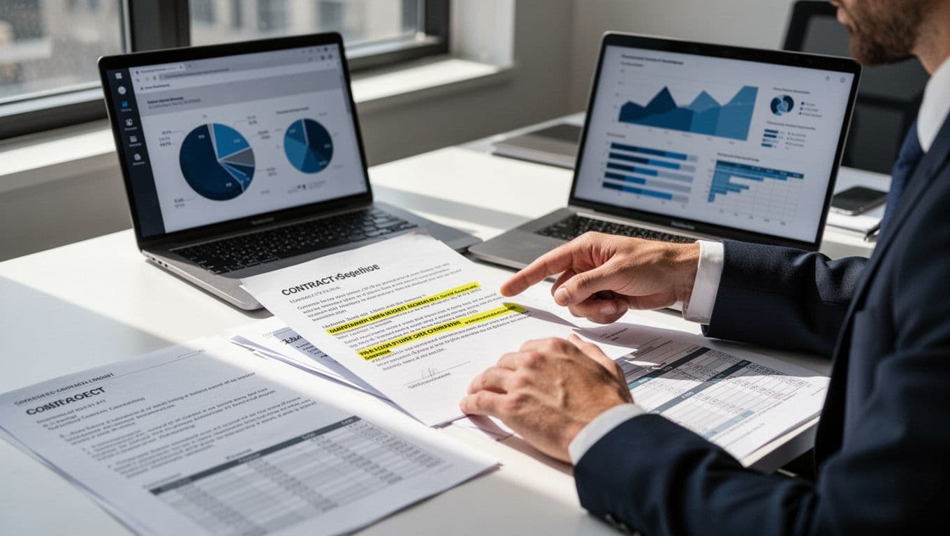A focused professional at a desk reviews affiliate contract documents and spreadsheets in a modern office, with a laptop displaying charts and hands pointing to key terms under natural daylight.