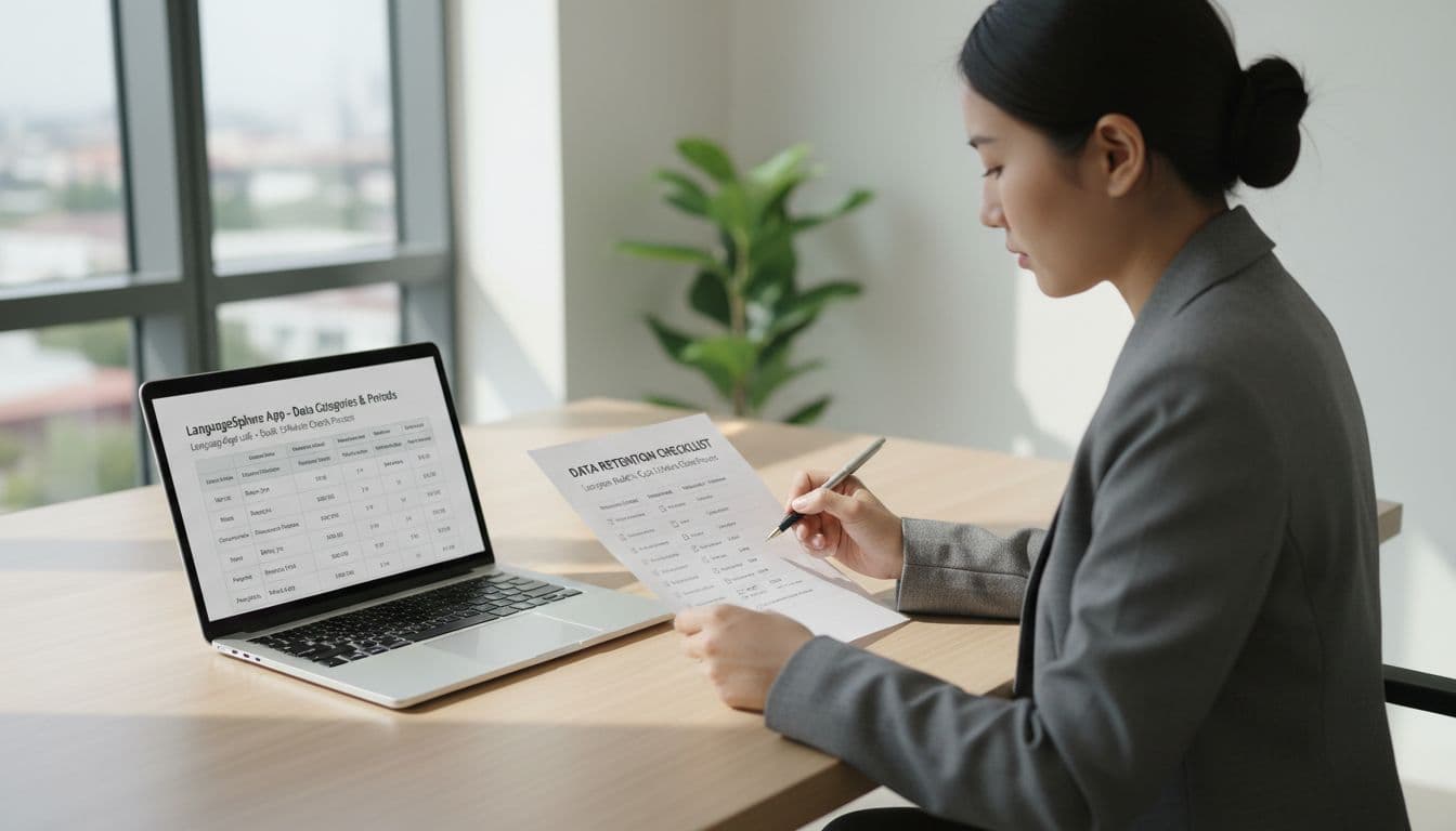A focused professional at a desk reviews a data retention checklist for a language app in a simple office with laptop showing data categories and periods, natural daylight, clean modern style.