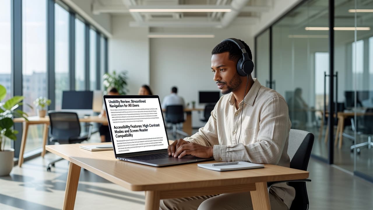 A focused individual works at a minimalist desk, viewing a clean, high-contrast review article on a laptop screen. Soft natural light illuminates the modern workspace, highlighting the ergonomic keyboard and display.