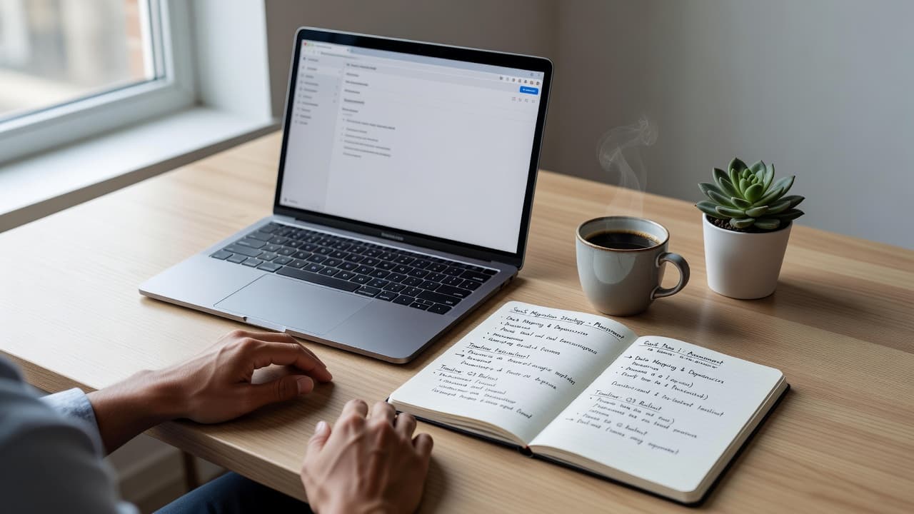 Hands rest on a minimalist desk beside a laptop displaying complex charts, a handwritten strategy notebook, and a steaming coffee mug. A small succulent sits nearby under soft window lighting.