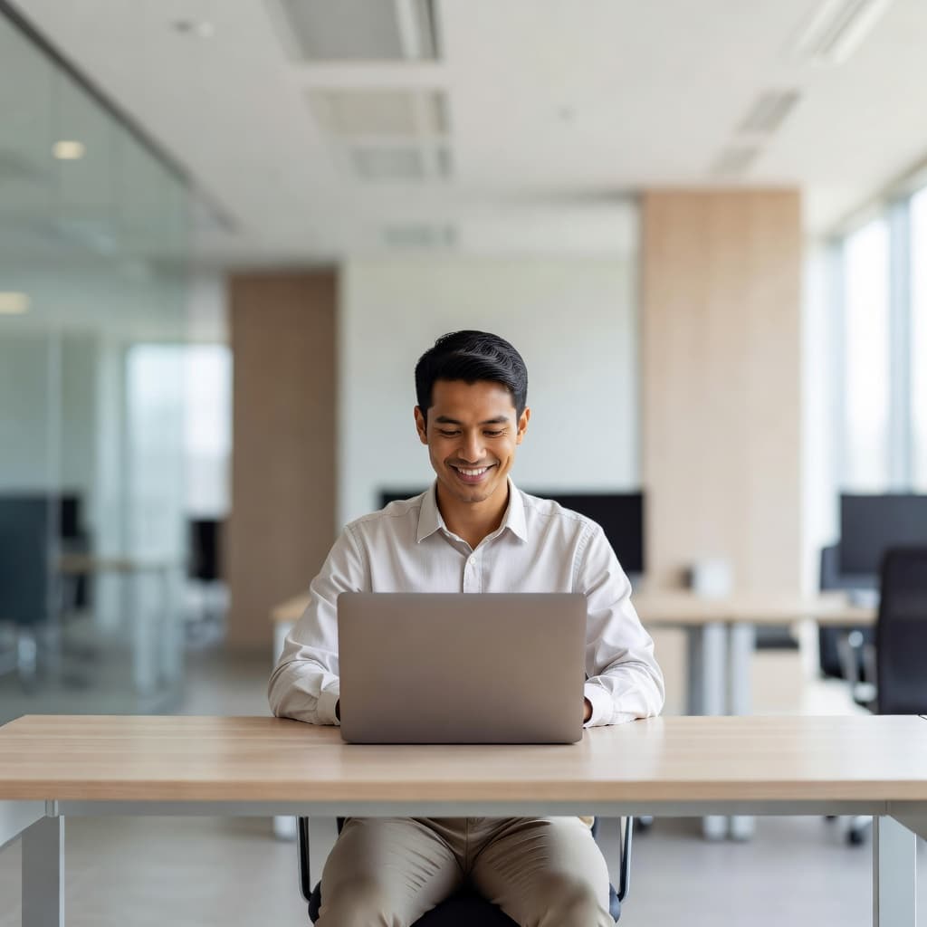 A focused professional smiles while navigating software on a sleek silver laptop atop a minimalist desk. The bright office background is softly blurred to emphasize the user's positive digital interaction.