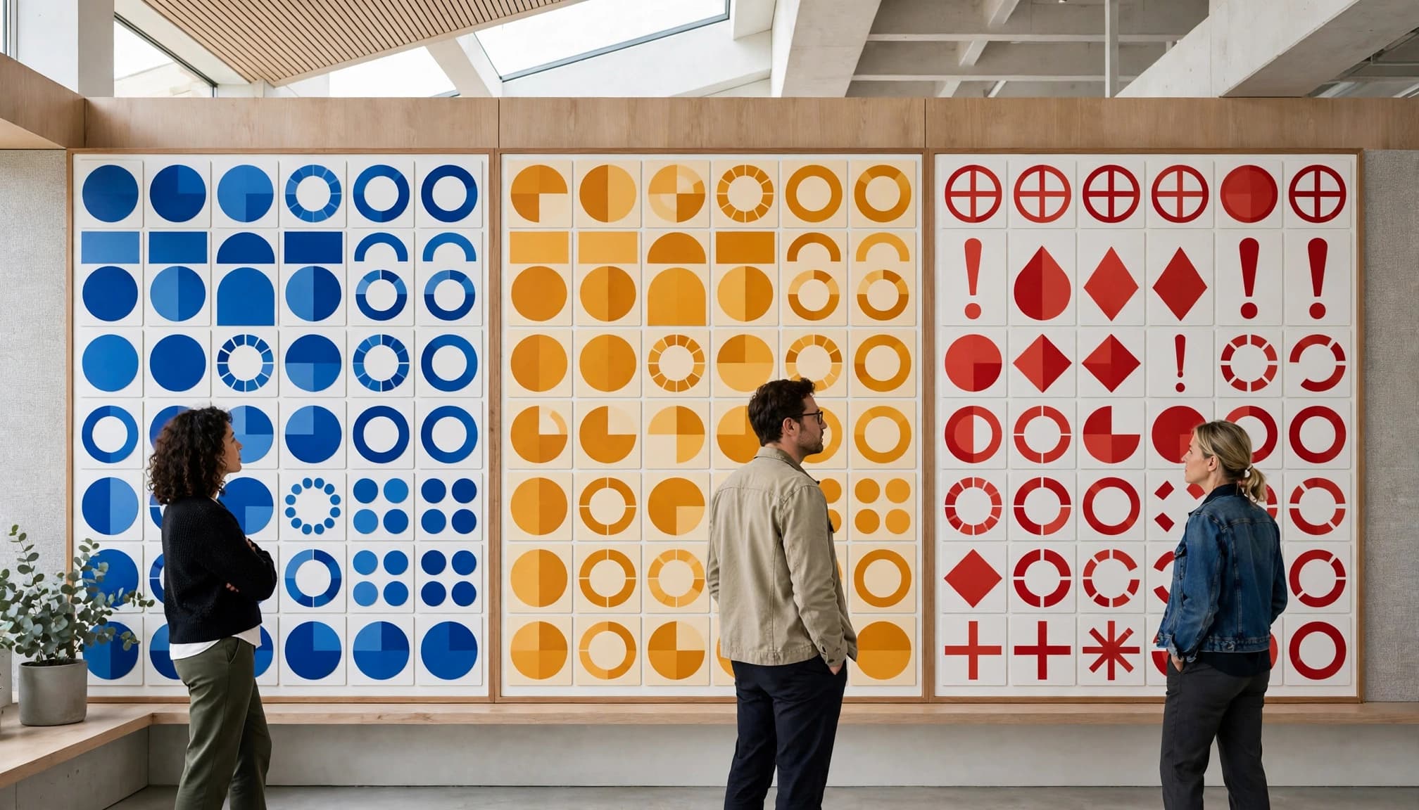 Three people review blue, amber, and red promotion states on a wall display.