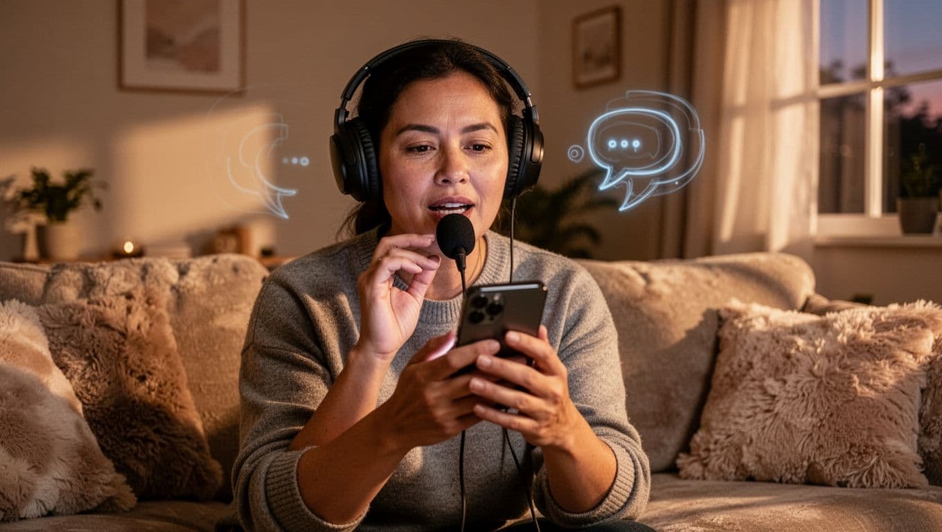 A single person wearing headphones speaks into a phone microphone during a language lesson in a cozy living room with warm evening light and a subtle speech bubble icon in the background.