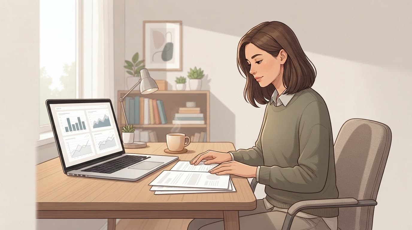 A publisher reviews blank media kit pages beside a laptop with abstract charts.