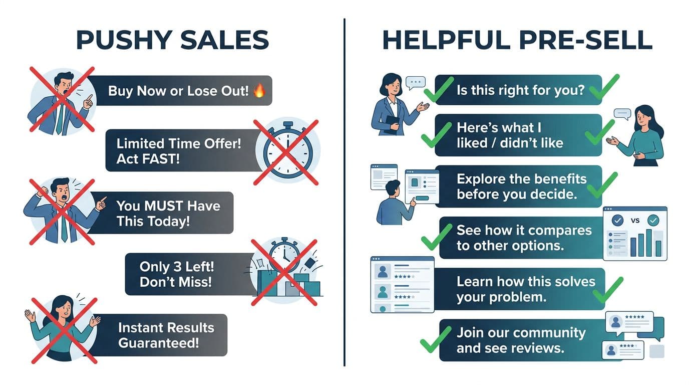Split-screen infographic contrasting pushy sales copy (crossed out) with helpful pre-sell copy (checked), using microcopy examples in a clean, professional flat vector style.
