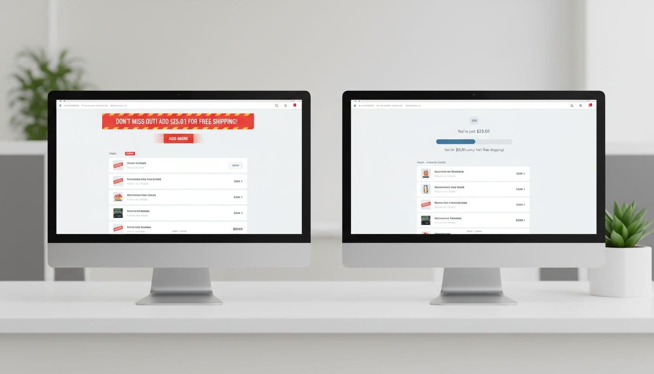Side-by-side split screen of ecommerce shopping carts: left with pushy flashing banner for free shipping, right with subtle progress bar nearing threshold, modern UI on desktop monitors.