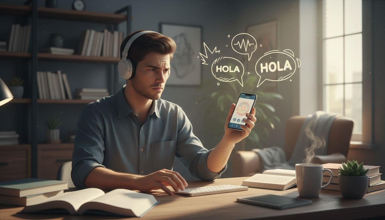 A young adult language learner sits puzzled at a cozy desk, listening to varied Spanish accents on a phone app, with speech bubbles displaying stylized 'hola' from Spain, Mexico, and Argentina, in a photorealistic home office setting.