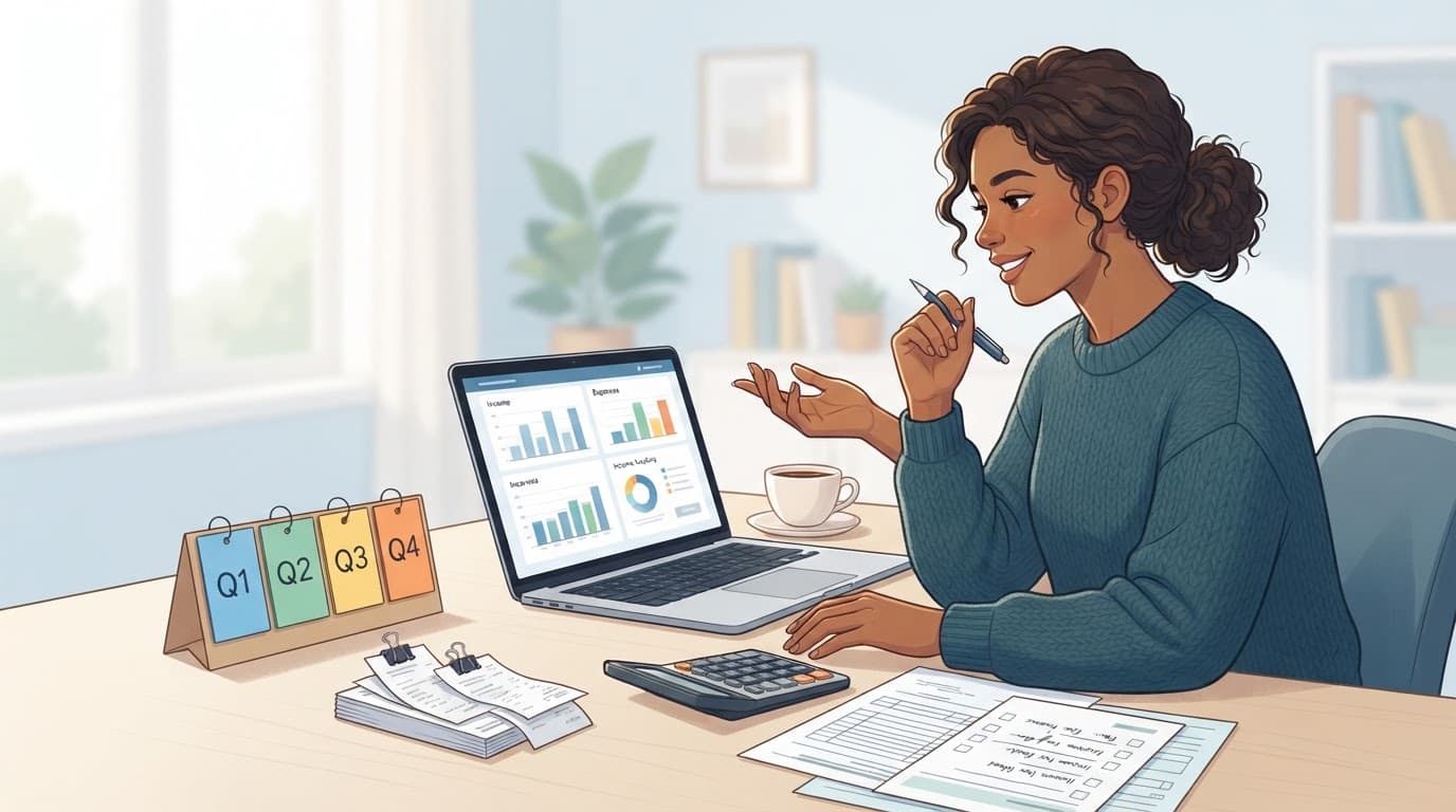 Affiliate marketer reviewing taxes at a laptop with receipts and a calculator.