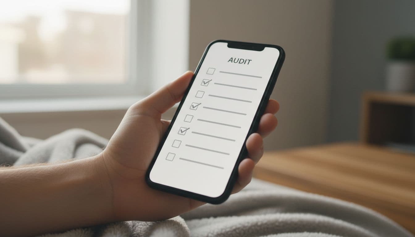 Language App Lesson Goals: A 15-Minute Clarity Check 3 A relaxed hand holds a smartphone displaying a checklist for language app lesson audit in a cozy home with soft natural light, modern realistic style, landscape orientation.