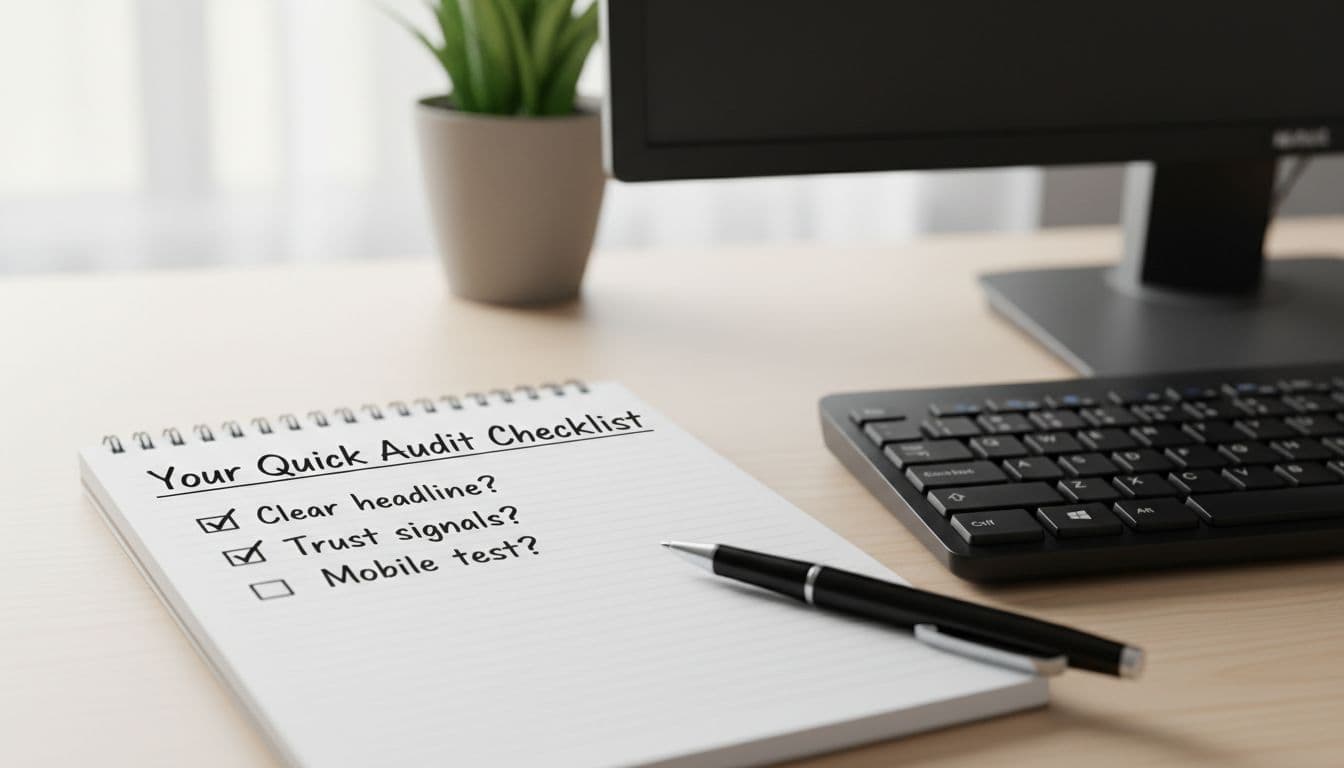 Notepad with checklist items like 'Clear headline?' next to computer keyboard on office desk, pen nearby.