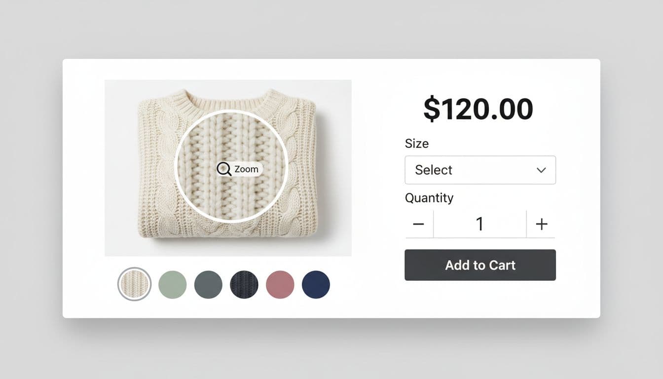 Detail of product quick view modal showing active zoom hover effect on fabric texture closeup, selected color swatches, price, size dropdown, and quantity stepper. Clean desktop UI on neutral background with subtle shadow.