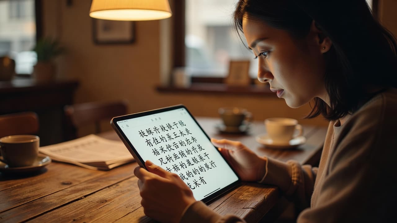A person sitting at a cafe table reading Chinese on a digital tablet.