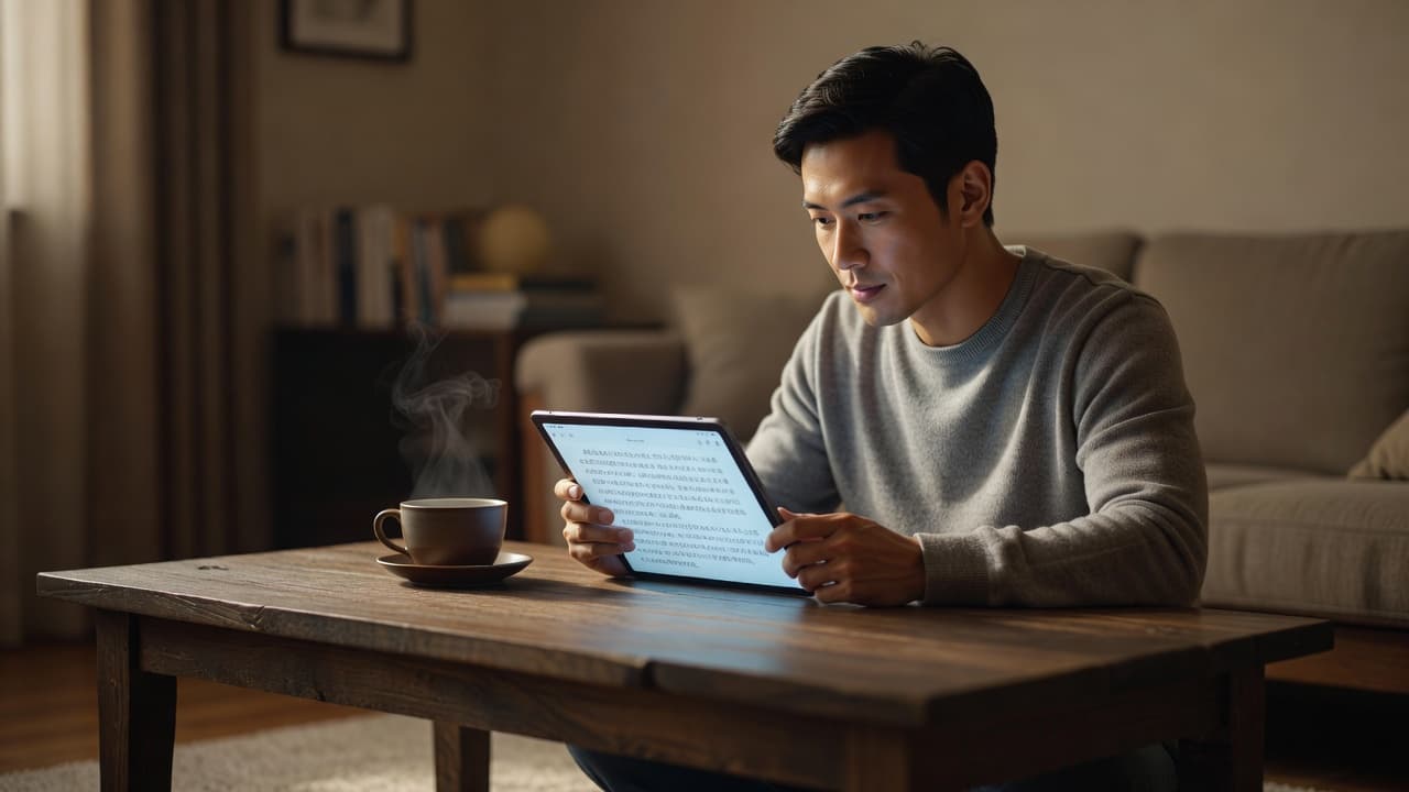 A person reads from a sleek tablet at a wooden table with hot tea.