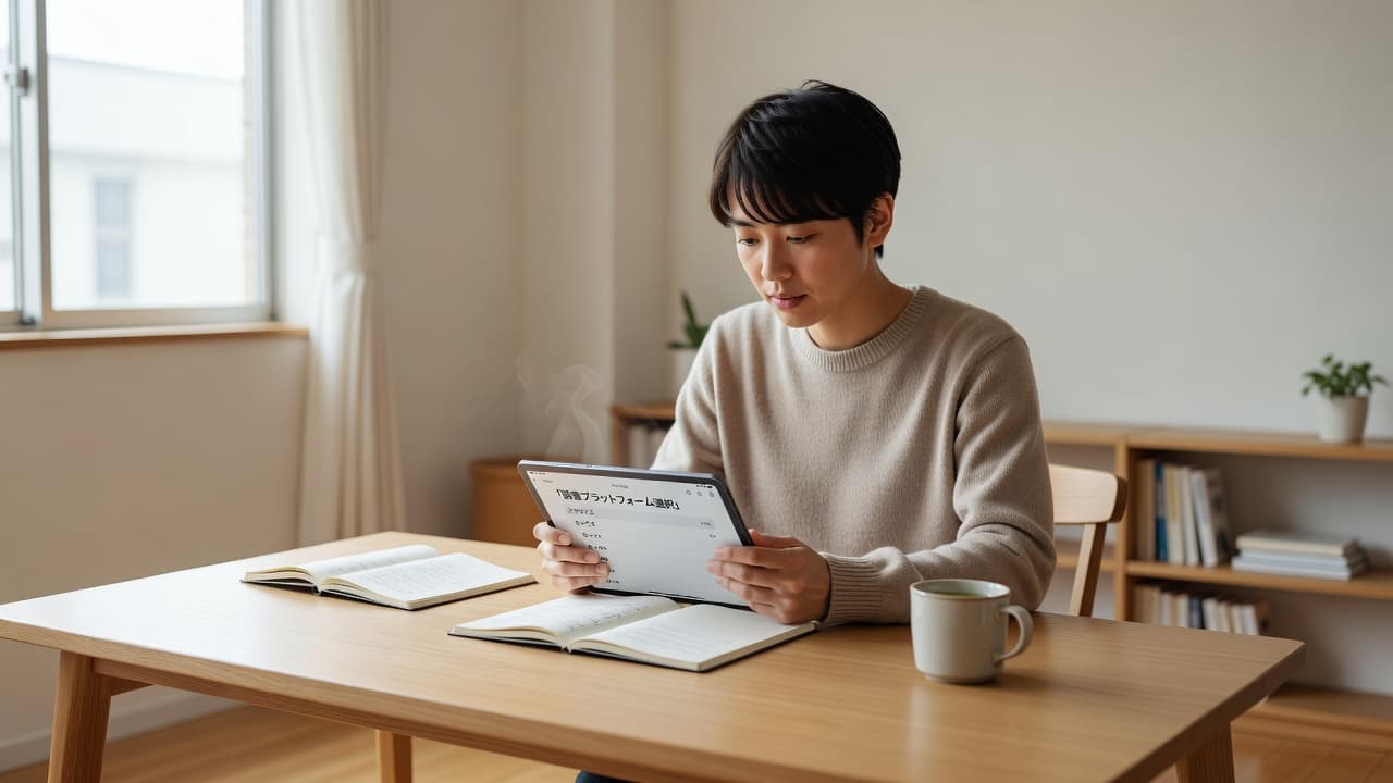 Satori Reader vs LingQ in 2026: Which Fits Japanese Reading? 2 A focused individual sits at a minimalist desk, attentively reading Japanese text on a tablet screen. A steaming cup of tea and a leather notebook rest nearby in the soft lighting.