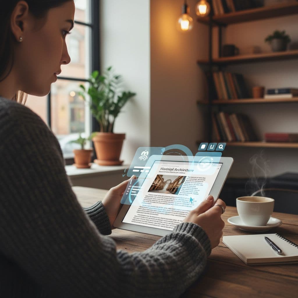 Readlang Review 2026: Is It Worth It for Serious Learners? 2 A focused individual sits in a quiet cafe while reading on a tablet screen. Subtle digital translation interface elements float above the device, showing how language comprehension tools assist with study sessions.
