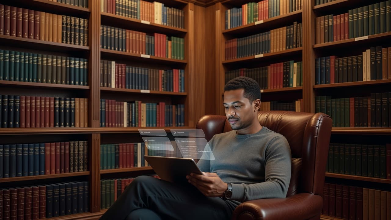 A person holds a tablet inside a hushed library, viewing text with subtle, integrated vocabulary highlights. Soft amber light illuminates the scene while they focus intently on learning new foreign words.