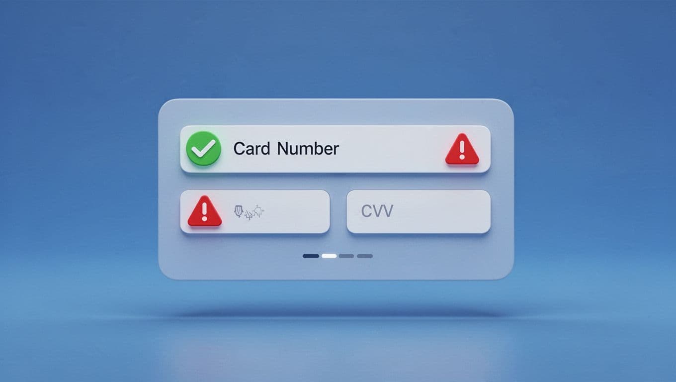Abstract close-up of digital payment form elements showing green check icon for valid card number and red warning for invalid CVV on a gradient blue background.