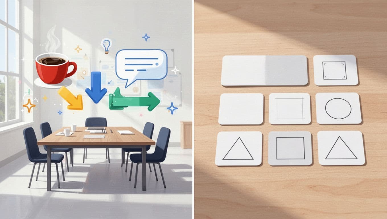 Side-by-side split background illustrates vibrant, diverse real-world language uses like cafe ordering, office meetings, and street directions on the left, contrasted with muted basic flashcards, isolated words, and repetitive drills on the right, in clean flat design.