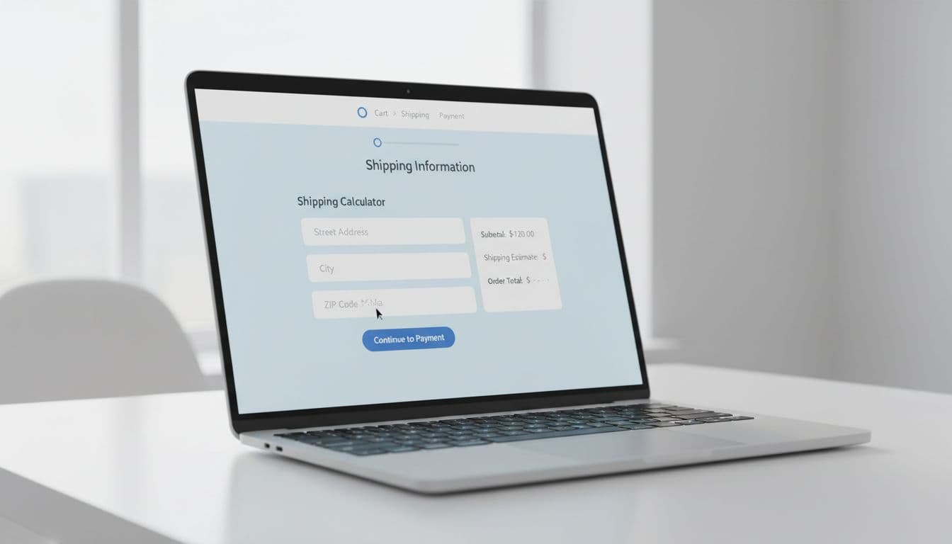 Modern e-commerce checkout page on a laptop screen at an angle, featuring simple shipping calculator fields for address input and real-time updating total price breakdown with clean UI elements.