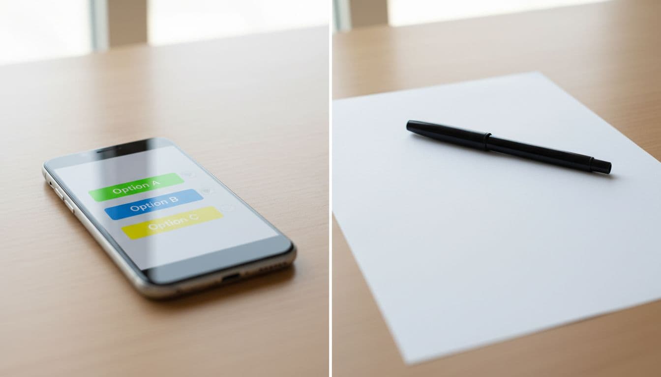 Side-by-side scene contrasting recognition with a multiple-choice quiz on a phone and recall with a blank paper and pen on a desk, in bright natural light and clean realistic photo style.
