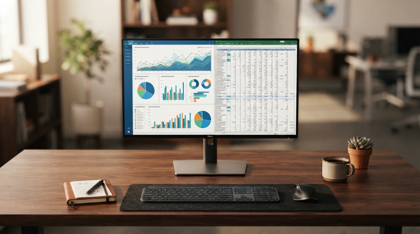A computer monitor showing abstract financial charts and spreadsheet data on a dark wooden desk.