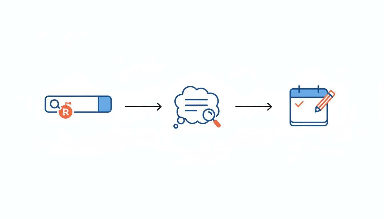Three icons connected by arrows show flow from search bar to thread analysis and content calendar on whiteboard background.