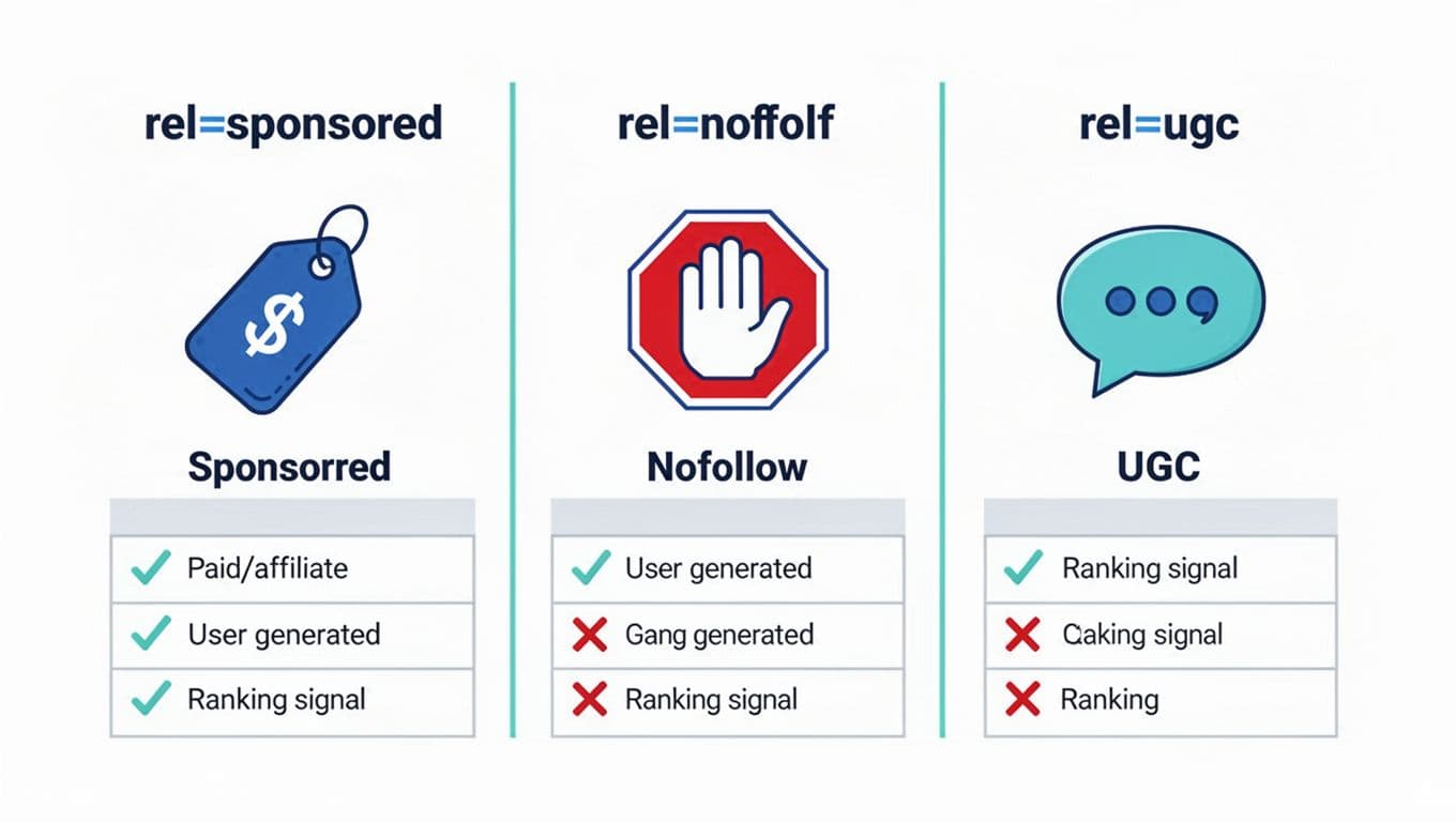 Clean, modern flat vector infographic with descriptive alt text comparing rel='sponsored' (money icon, paid/affiliate), rel='nofollow' (stop icon, no ranking), and rel='ugc' (chat icon, user-generated) link attributes for SEO education.