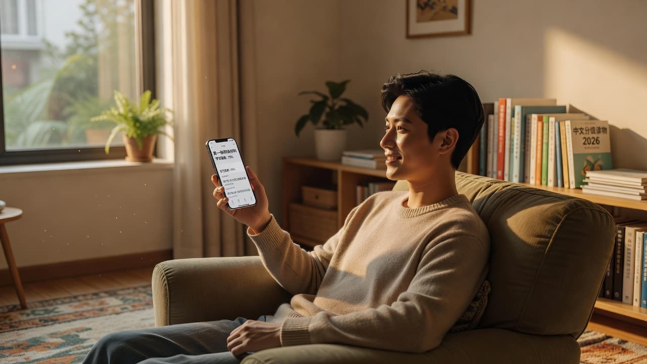 A relaxed individual sits in a sun-drenched room while holding a mobile device to read. The cozy domestic setting features soft natural light filtering through nearby window panes.