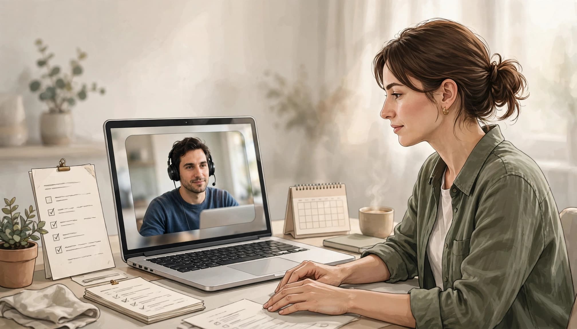 A writer interviews someone on a laptop beside notes, a content brief, and a calendar.