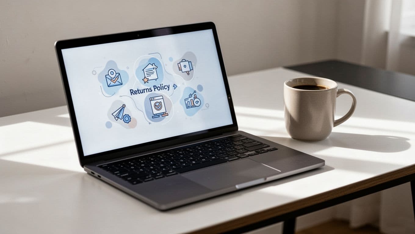A clean modern desk setup featuring a laptop angled to show a webpage about returns policy with abstract icons, a coffee mug nearby, and natural daylight lighting. No readable text, no extra objects, square aspect ratio.