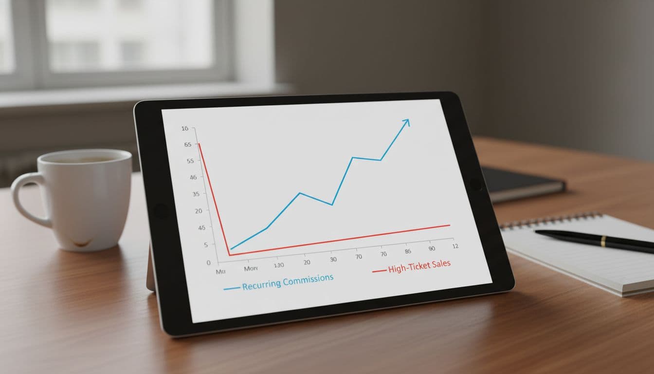 Digital tablet on desk at angle shows blurred blue rising line and red spike-plateau chart, beside coffee mug and notebook.