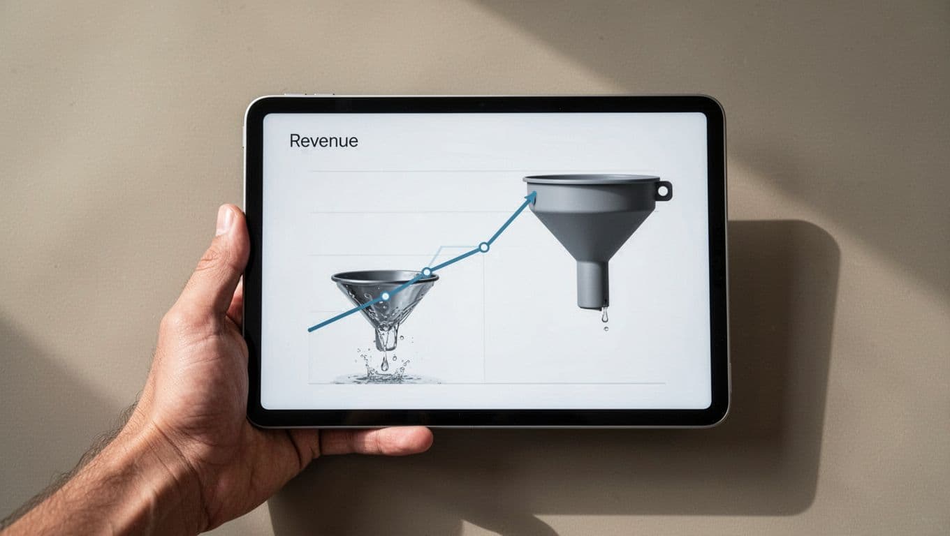 Graph on a digital tablet held by a business hand shows revenue growth before and after fixing terms leaks, contrasting a leaking funnel icon with a secure one, in modern minimalist style with soft lighting.