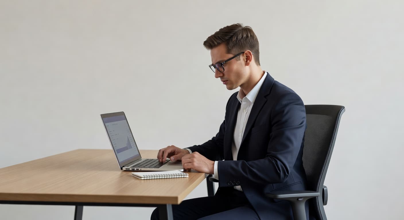 A focused professional sits at a minimalist desk, carefully analyzing response time data on a sleek laptop screen. Soft ambient light illuminates the clean workspace, highlighting the reviewer's focused task.