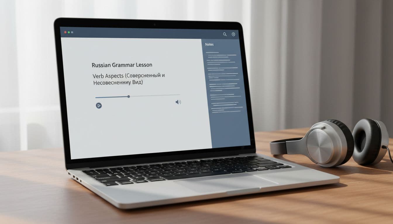 Best Russian Learning Apps for Serious Learners in 2026 3 Close-up laptop screen shows Russian grammar on verb aspects with audio player and notes sidebar, headphones beside it on desk.