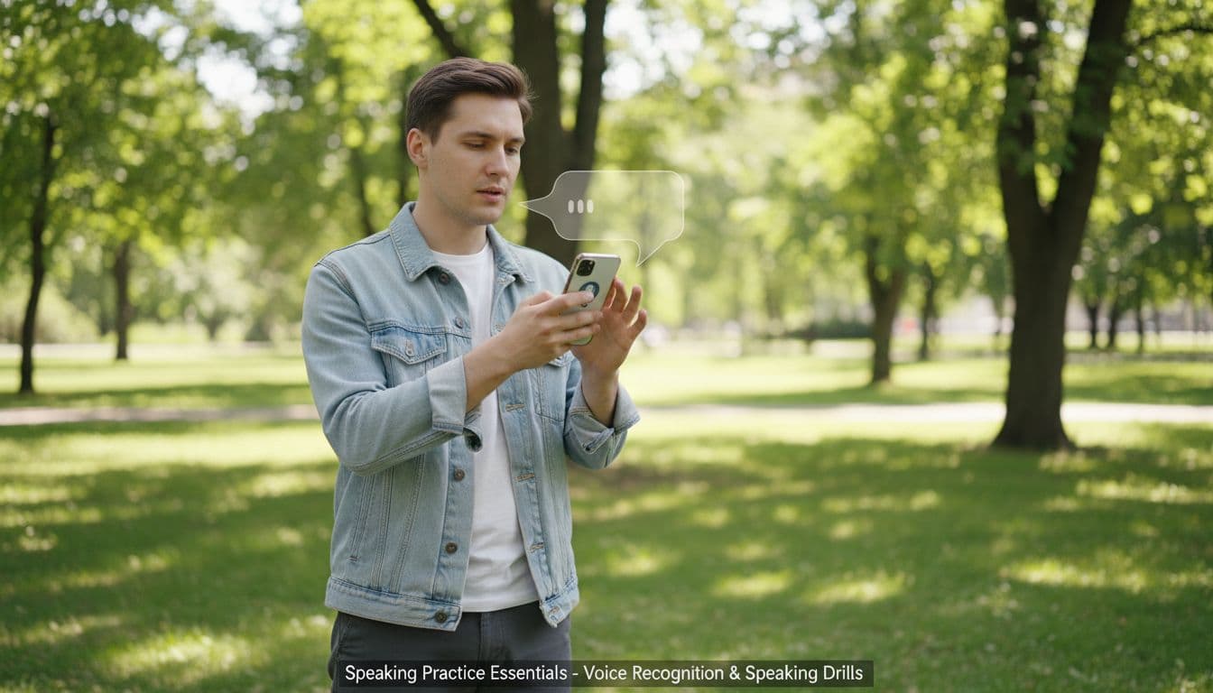 Best Russian Learning Apps for Serious Learners in 2026 4 Person in casual outfit holds smartphone at chest level in park, speaking into mic with focused expression amid trees.