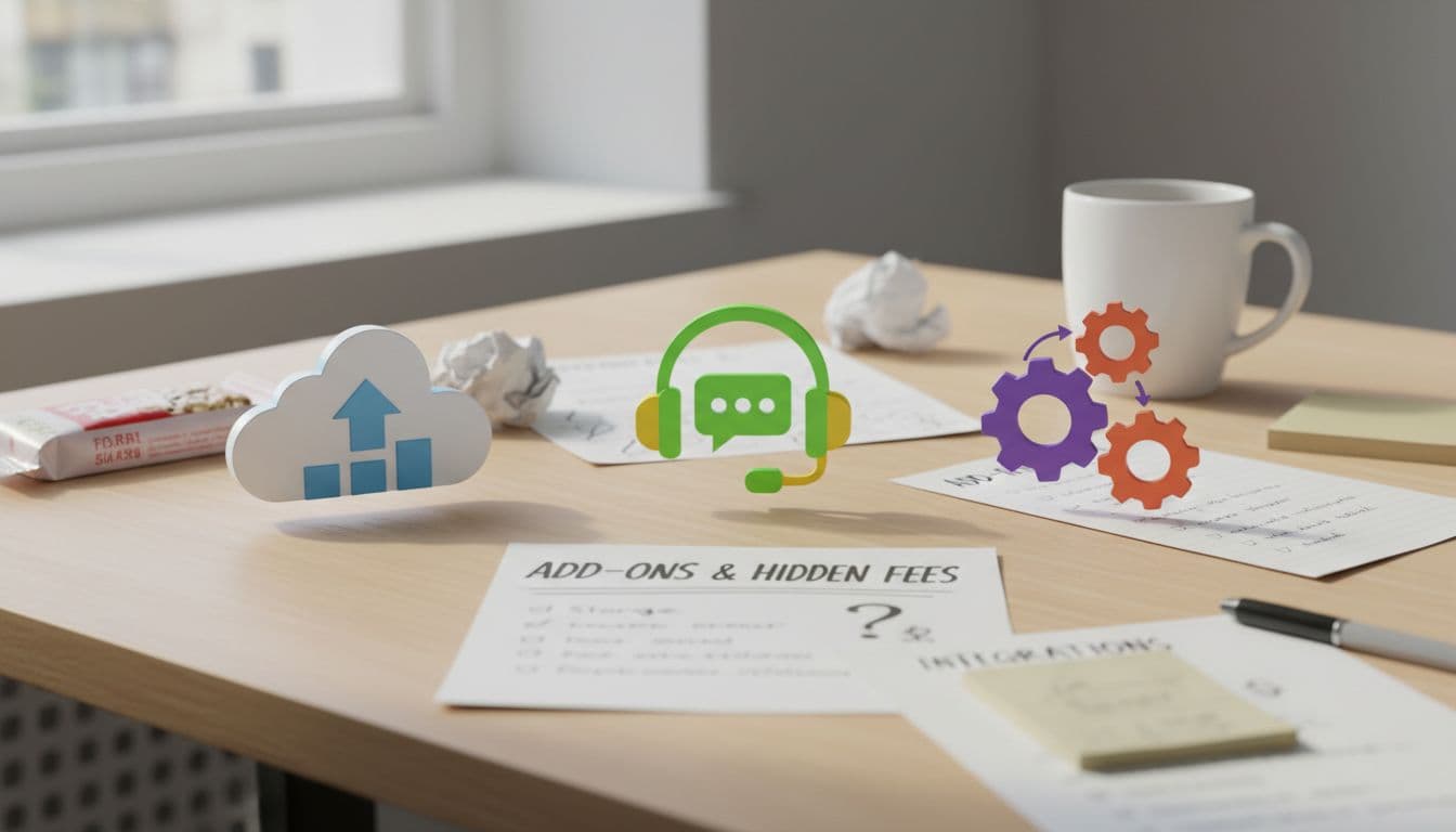 Icons representing storage, support, and integrations for common SaaS add-ons and hidden fees, scattered on a desk with notes in a landscape view. No people, exactly three icons, no text labels or watermarks.