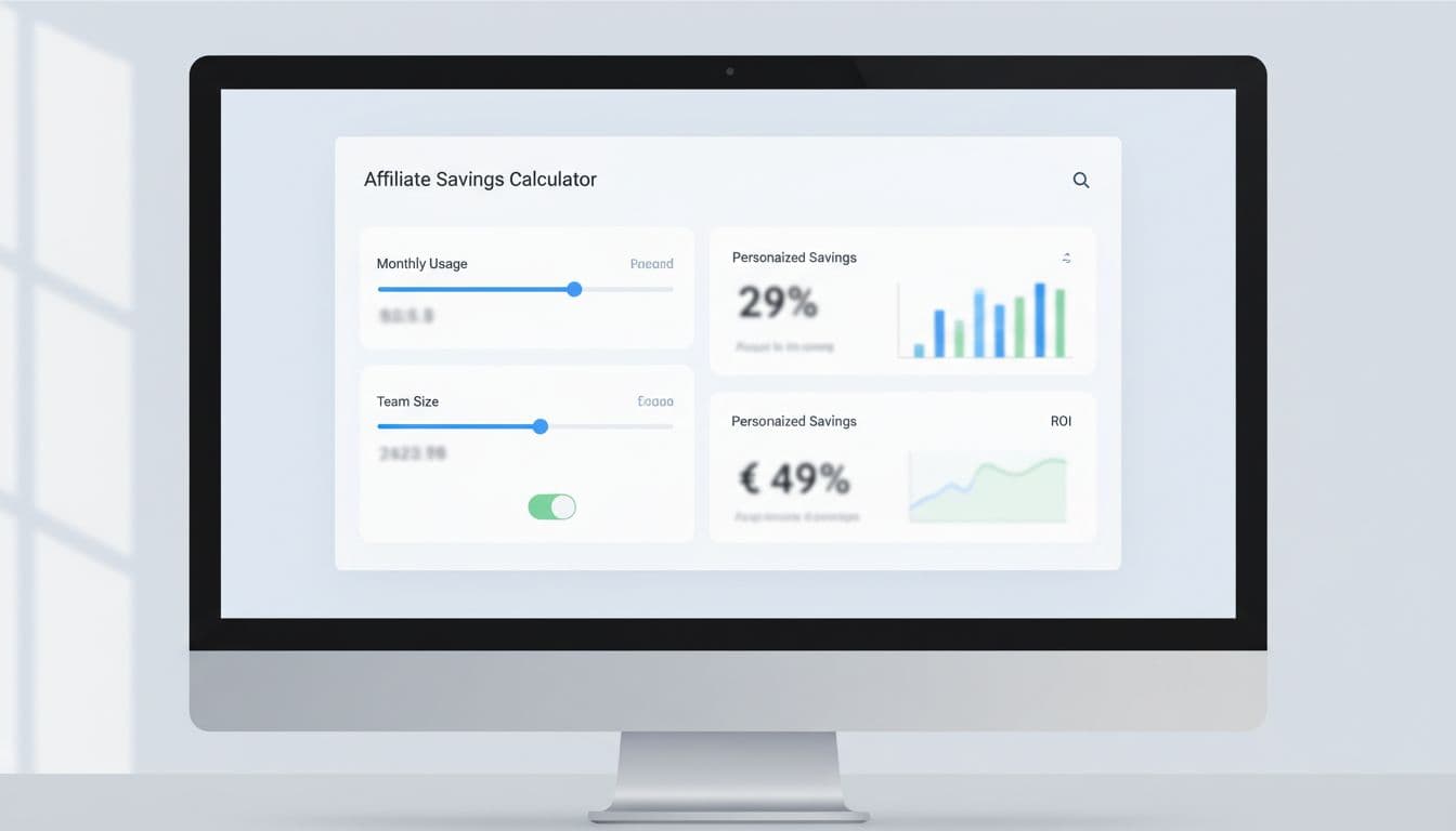 Modern SaaS pricing page section with an affiliate savings calculator block, featuring interactive inputs for monthly usage and team size, displaying personalized savings and ROI in a clean minimalist desktop UI.
