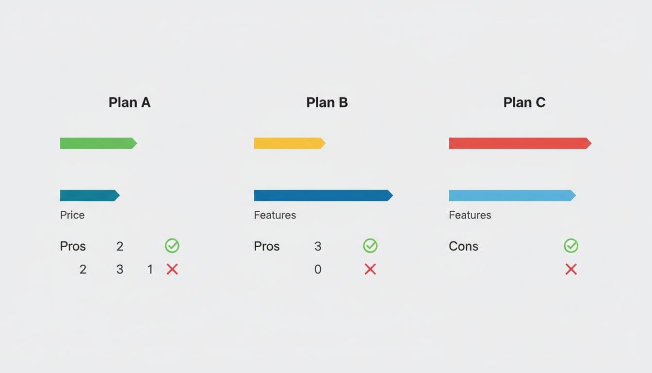A simple side-by-side comparison chart of three SaaS alternatives featuring pros and cons icons, bar charts for price and features on a neutral background.
