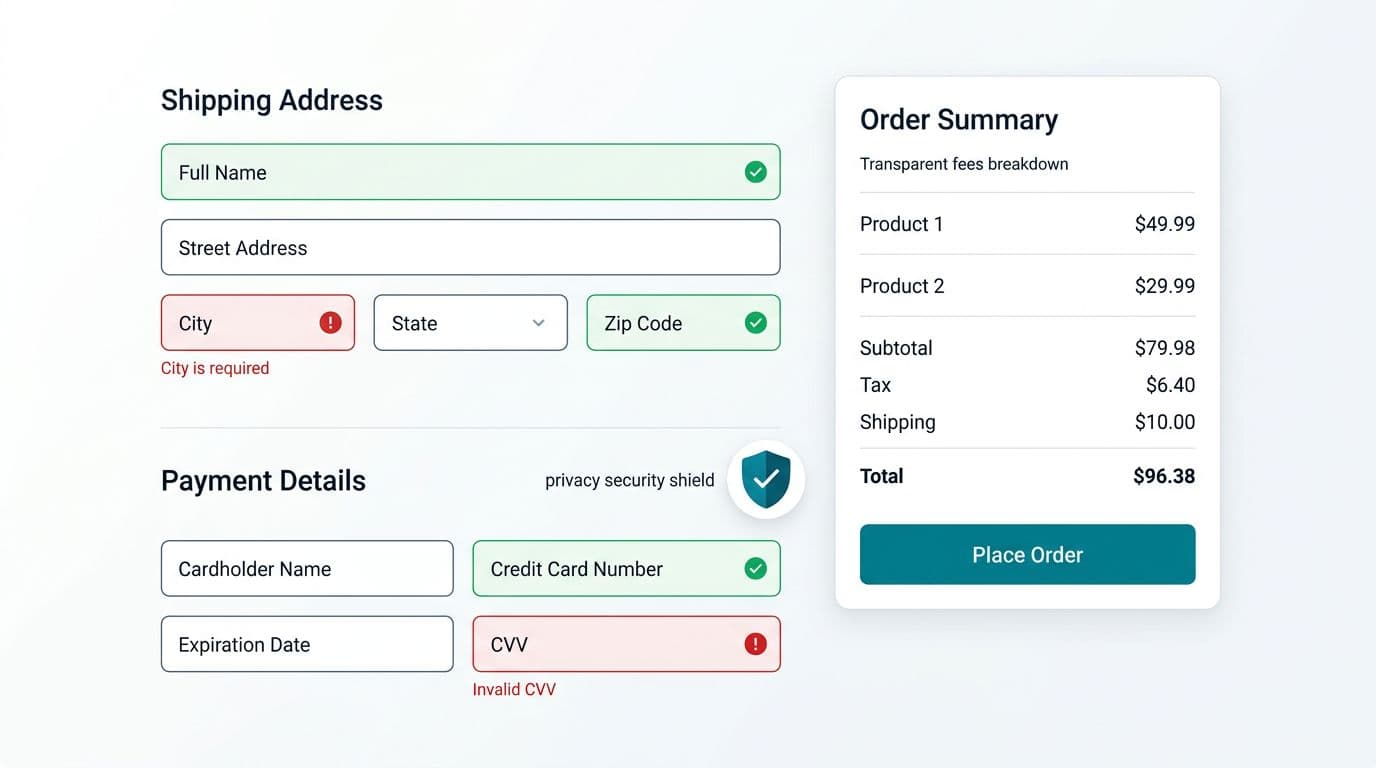 Modern enterprise SaaS cart page featuring inline field validation with green checkmarks and red errors for address and payment, security shield icon, and transparent fees breakdown table on a minimal flat vector design with subtle gradients.