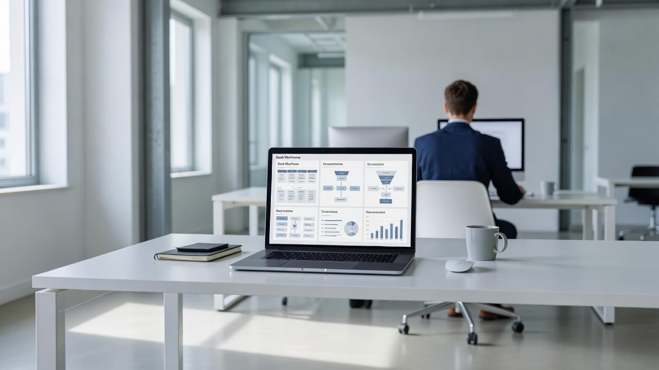 An open laptop showing website wireframes and conversion funnels on a bright desk.